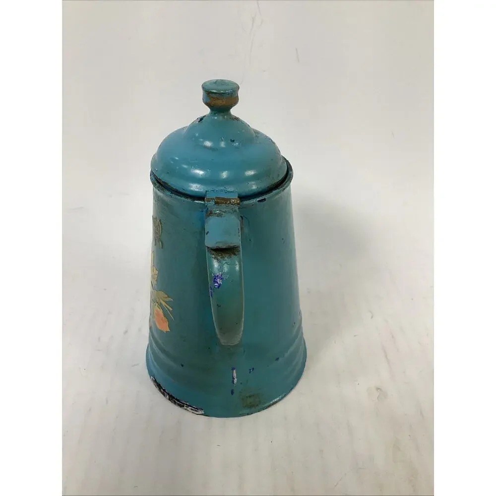Antique French Or Belgian Floral Enamelware Coffee Pot